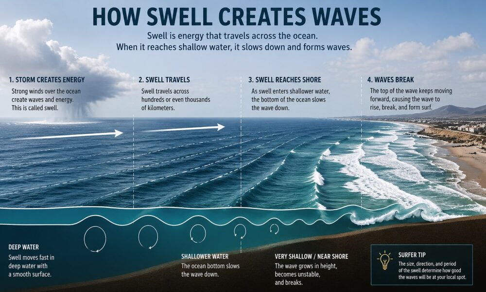 Wave formation diagram explaining surf conditions for beginners.