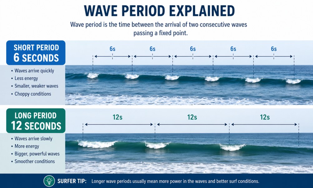 Infographic of wave spacing showing surf conditions for beginners.