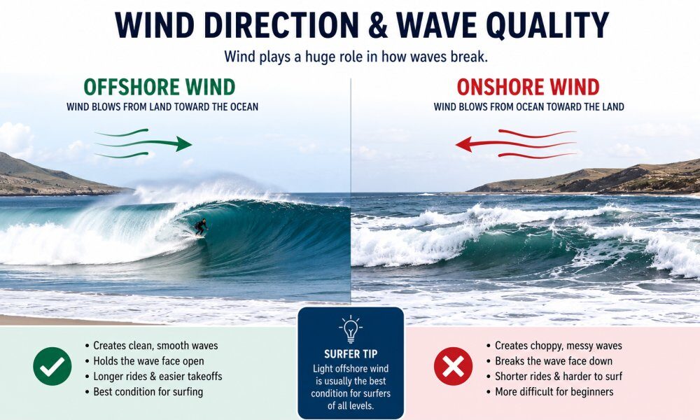 Wind diagram showing surf conditions for beginners.
